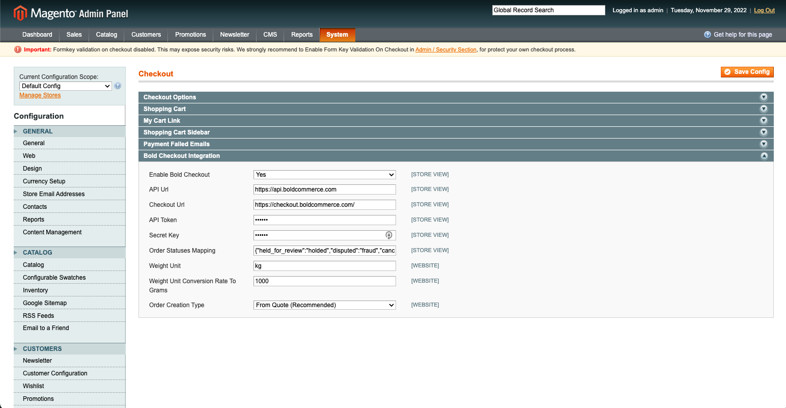 Screenshot of checkout configuration page in Magento Admin Panel